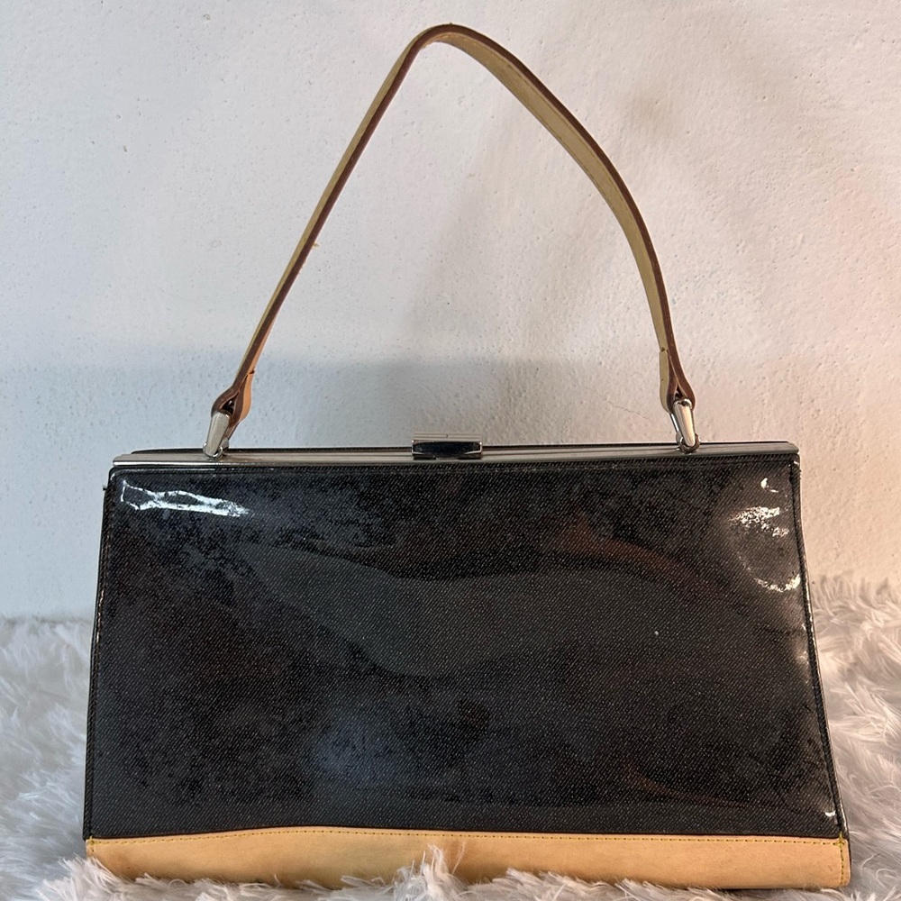 Tommy Hilfiger Black Patent Satchel with Tan Handle and Trim